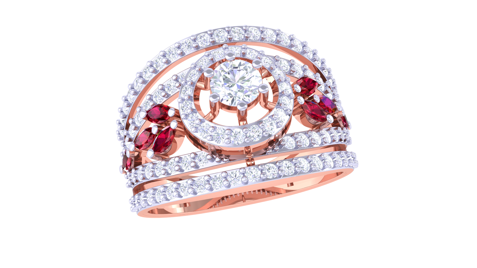 925 Silver Traditional Crescent Couple Ring – Red Stone Accent in Rose Gold Finish