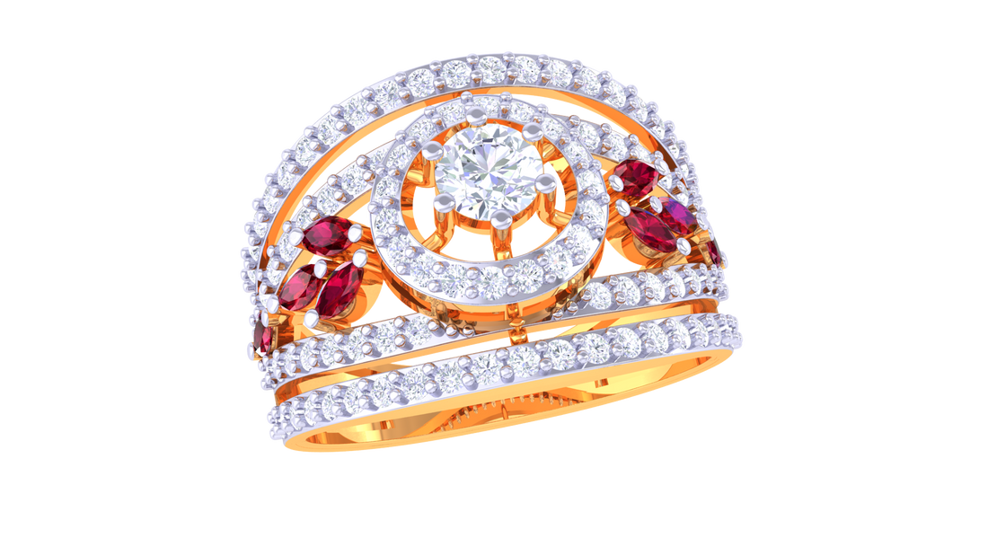 925 Silver Traditional Crescent Couple Ring – Red Stone Accent in Rose Gold Finish