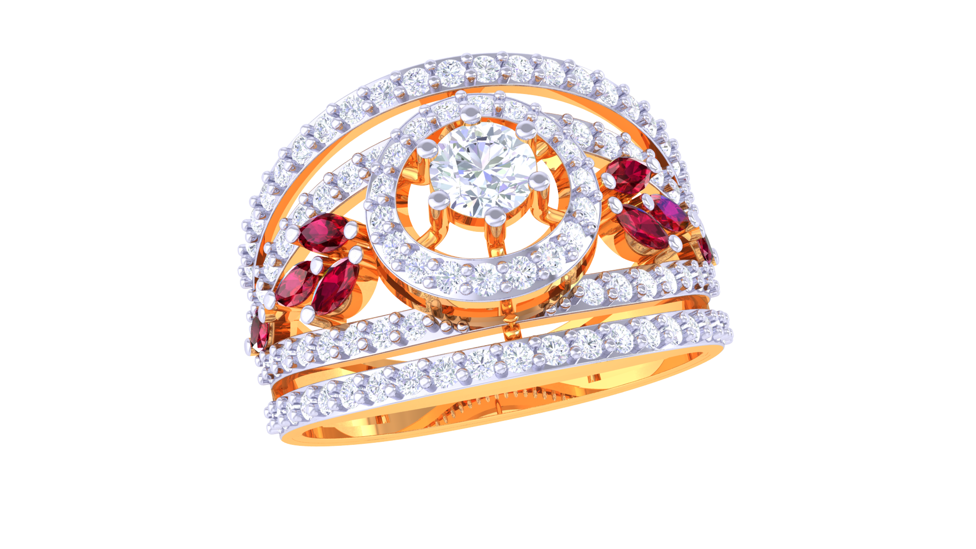 925 Silver Traditional Crescent Couple Ring – Red Stone Accent in Rose Gold Finish