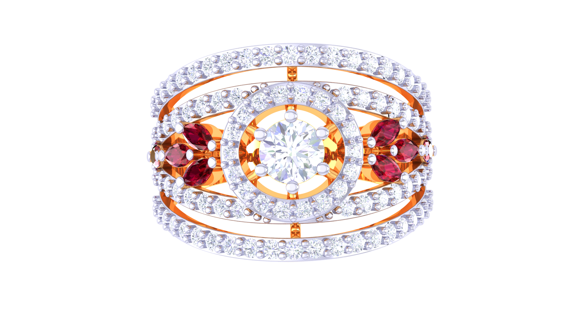 925 Silver Traditional Crescent Couple Ring – Red Stone Accent in Rose Gold Finish