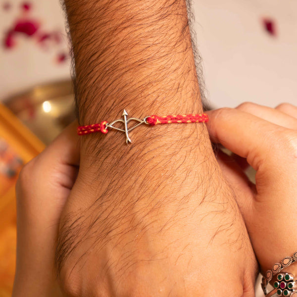 Dhanush Baan Rakhi in 92.5 Silver with Red Thread – Lord Ram Symbol Raksha Bandhan Design