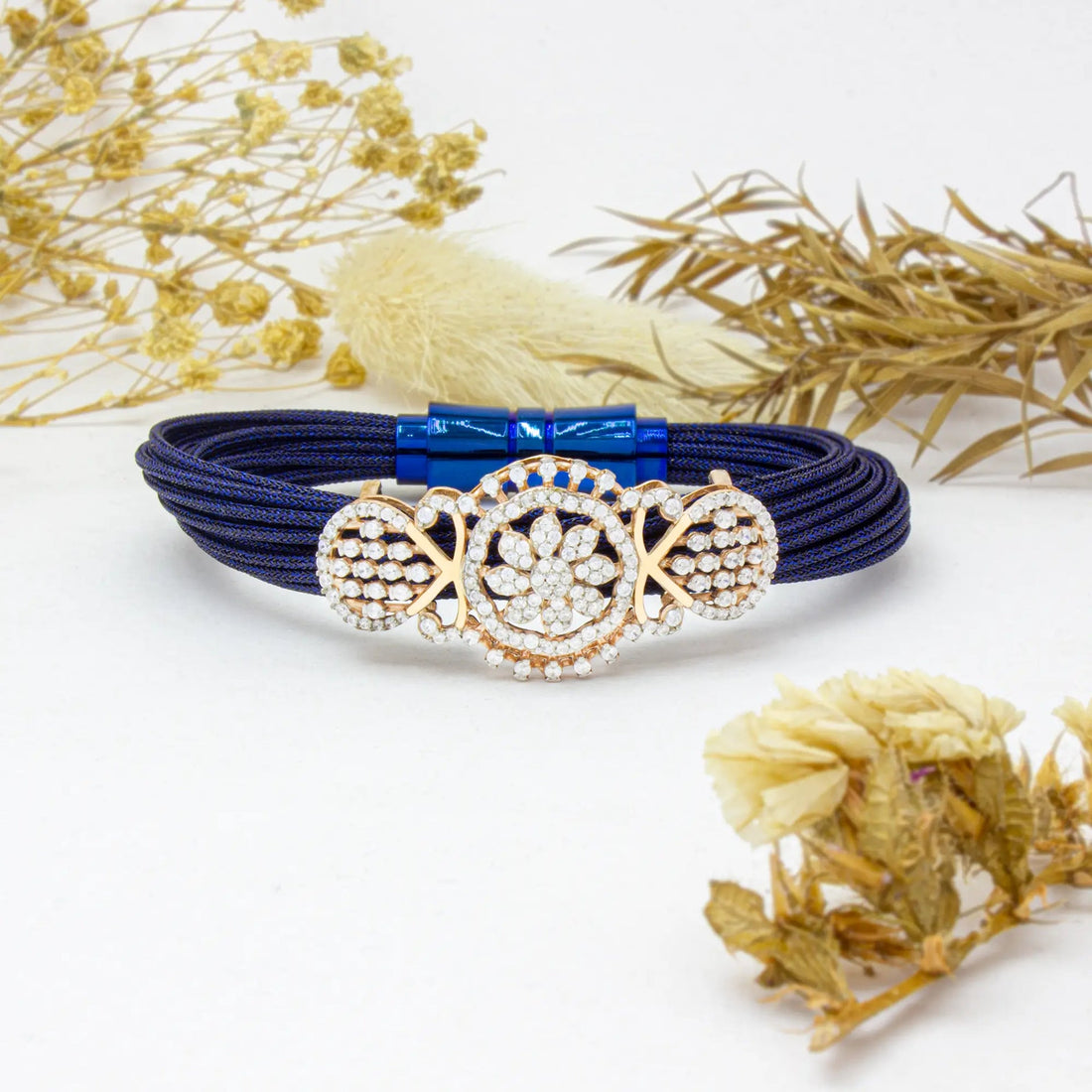 925 Silver Kamalbandh Traditional Bracelet – Blue Threaded Floral Design