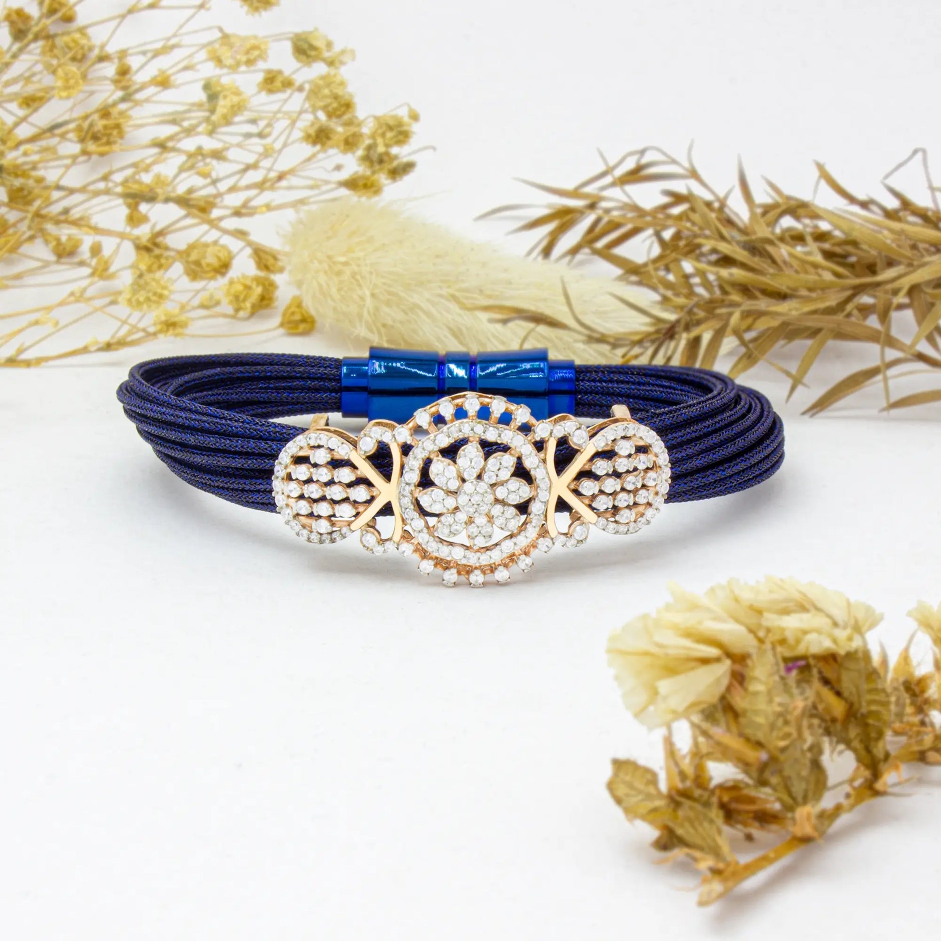 925 Silver Kamalbandh Traditional Bracelet – Blue Threaded Floral Design