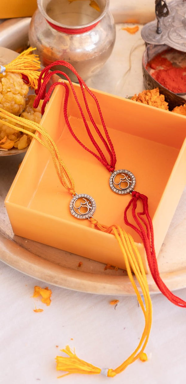 92.5 Silver Om Rakhi with CZ Stones and Moli Thread – Aneytri Raksha Bandhan Collection
