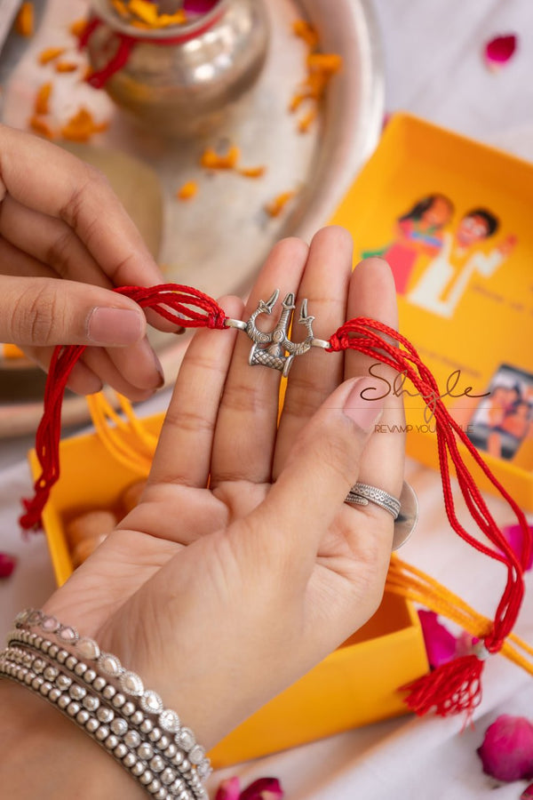 Premium 925 Silver Trishul Rakhi with Evil Eye on Red Moli Thread – Spiritual Designer Rakhi