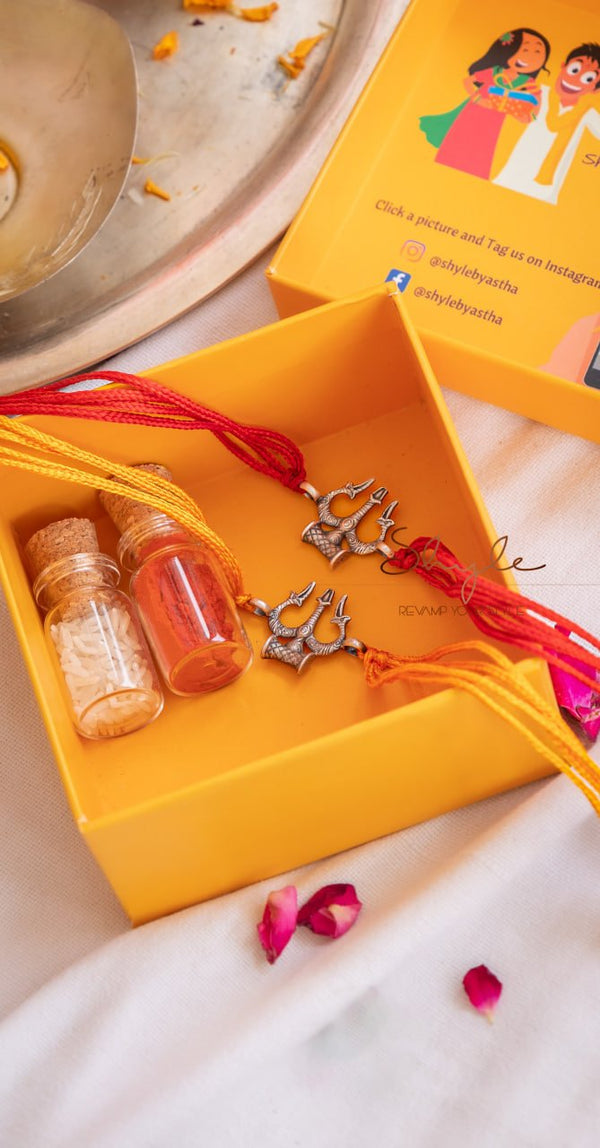 Premium 925 Silver Trishul Rakhi with Evil Eye on Red Moli Thread – Spiritual Designer Rakhi