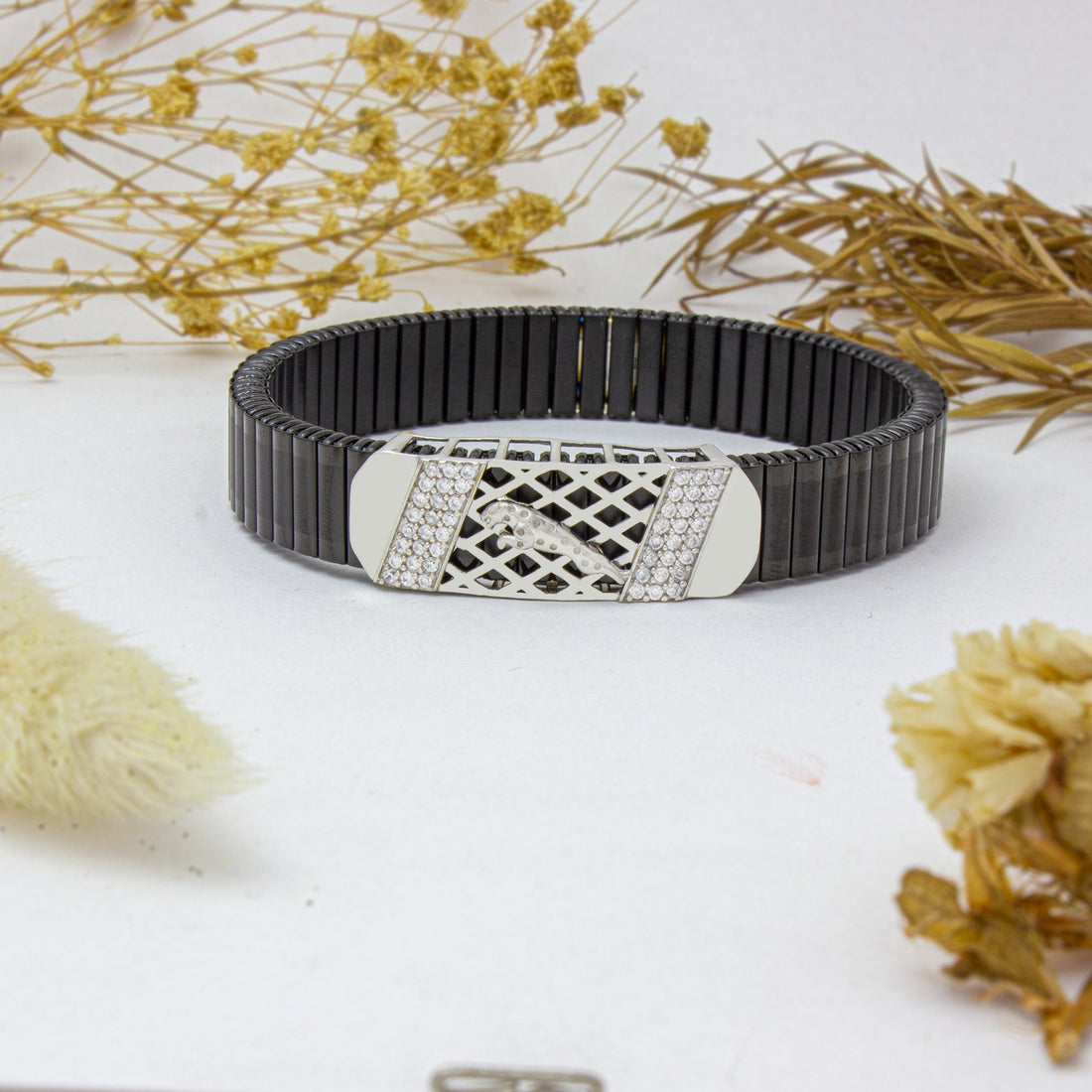 Chameli Traditional 925 Silver Bracelet – Lattice Motif in Polished Blac