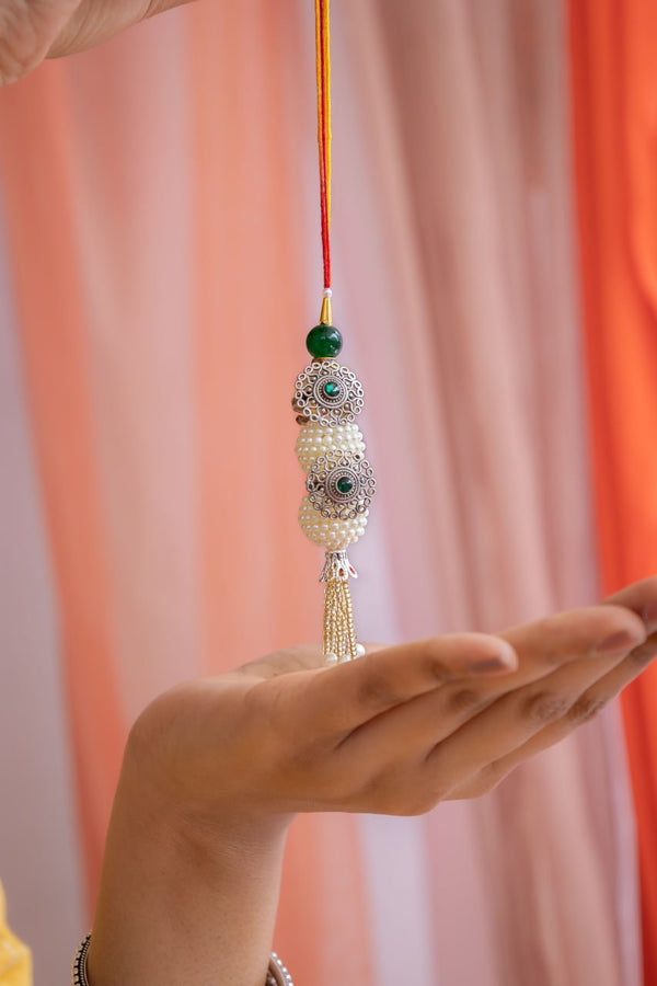 Premium Silver Lumba Rakhi with Evil Eye & Pearls | Raksha Bandhan Designer Rakhi for Bhabhi