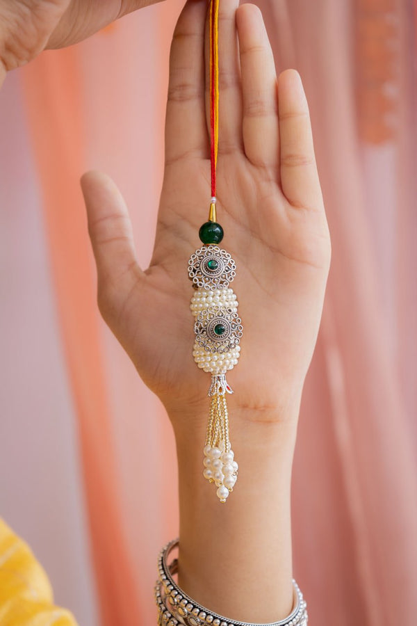 Premium Silver Lumba Rakhi with Evil Eye & Pearls | Raksha Bandhan Designer Rakhi for Bhabhi