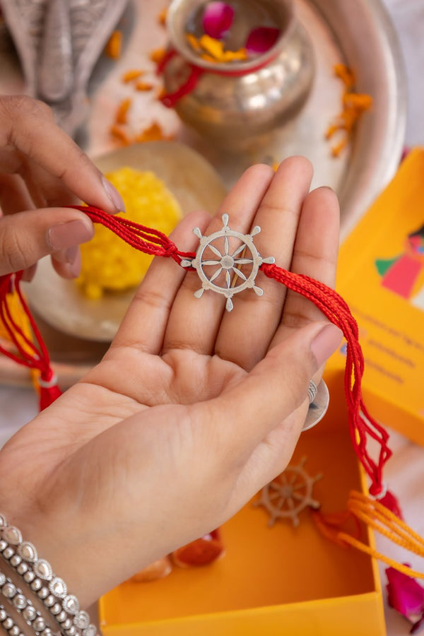 92.5 Silver Chakra Rakhi Set with Roli Chawal & Festive Box – Aneytri